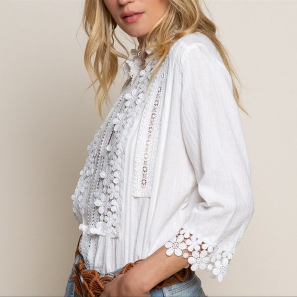 Boho Summer Cotton Crochet Lace Quarter Sleeve Boho Top - Picture 3 of 11